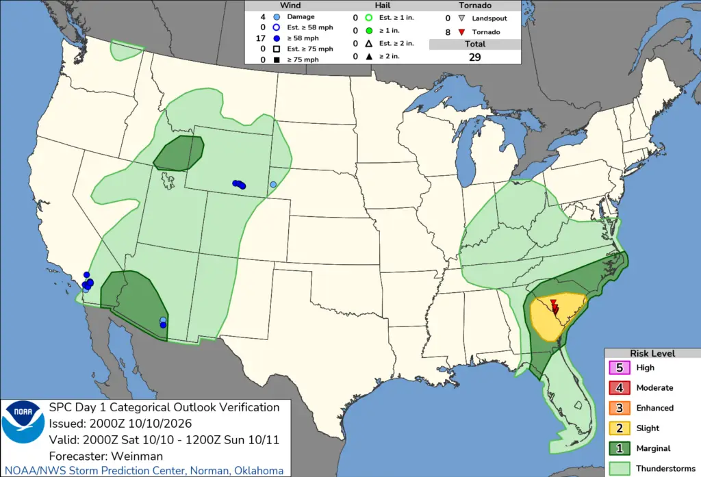 NOAA SPC Storm Reports Map for October 11, 2026 -- Tornado -- Tornado Damage Hits Allendale County Homes